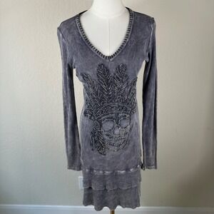 Vocal Tunic Dress Womens M Gray Waffle Knit Rhinestone Skull Mall Goth Biker Y2K